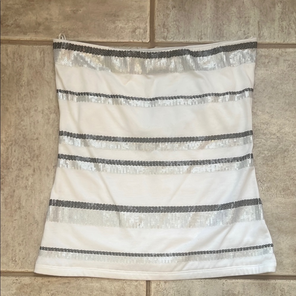 Cache Vintage Y2K Silver and Black Sequin White Tube Top Size S